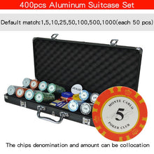 Load image into Gallery viewer, 100,200,300,400,500 pcs/set Clay Poker Chip Sets Casino Texas Pokers Aluminum Suitcase with Playing cards&amp;Dices&amp;Dealer Buttom
